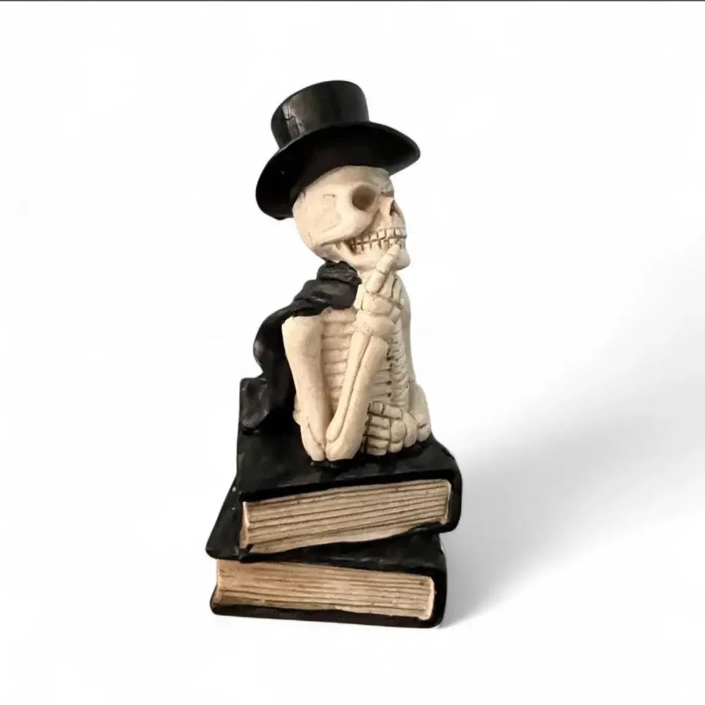 Spooky Halloween Skeleton Bust in Top Hat on RIP Books Decor Goth Dark Academia